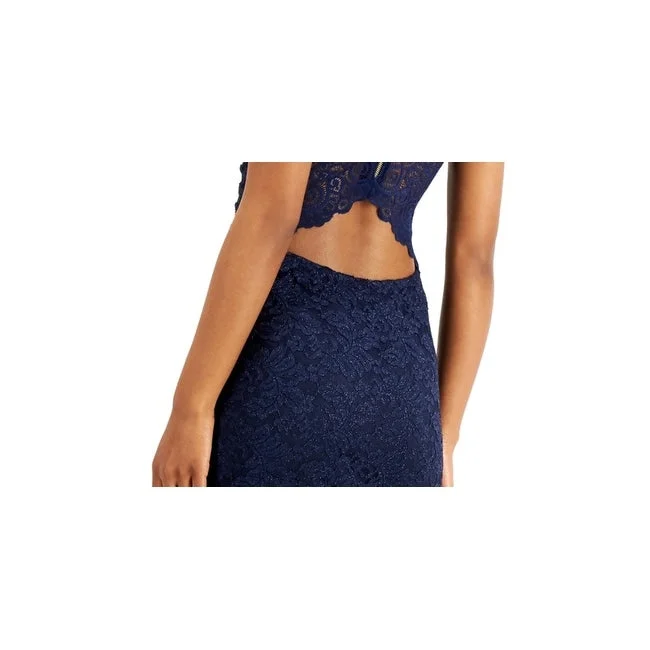Editorial Design Emerald Sundae Juniors' Glitter-Lace Bodycon Dress Blue Size Large