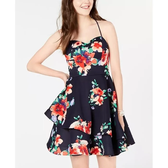 Dynamic Fashion Sequin Hearts Women's Floral Print Ruffled Cocktail Dress Red Size 13