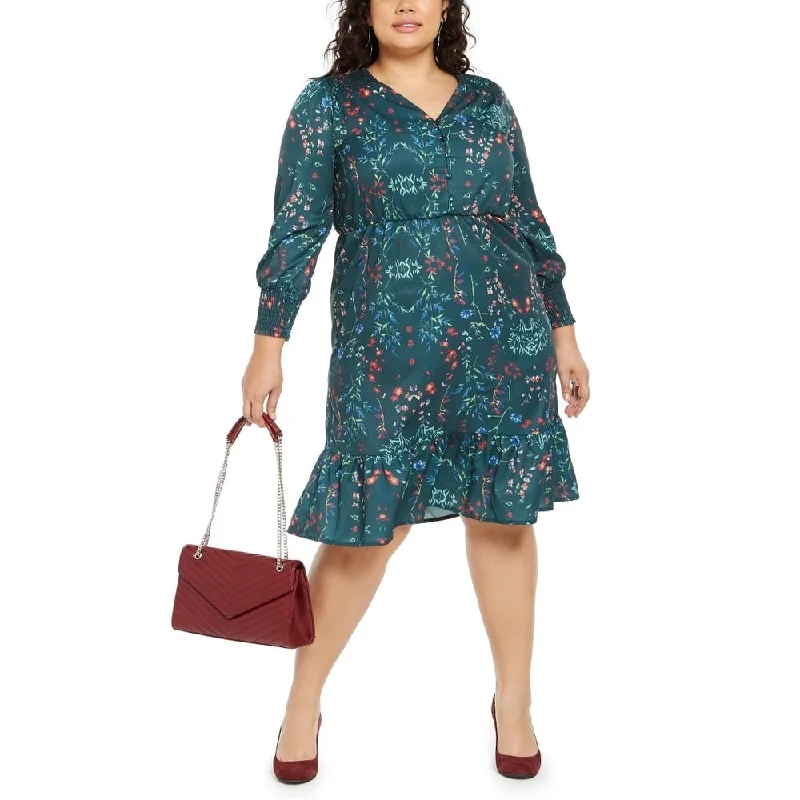 Cool Breeze At Night NY Collection Women's Plus Printed Smocked-Sleeve Midi Dress Green Size 1X Cool Breeze At Night NY Collection Women's Plus Printed Smocked-Sleeve Midi Dress Green Size 1X