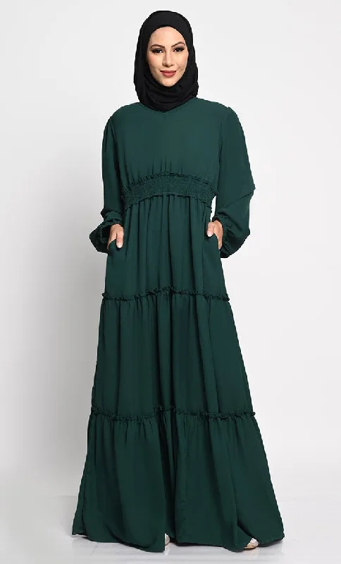 Effortless Wear Elegant Summer Cool Fabric Layered Abaya with Frill Layers and Crepe Lining Effortless Wear Elegant Summer Cool Fabric Layered Abaya with Frill Layers and Crepe Lining