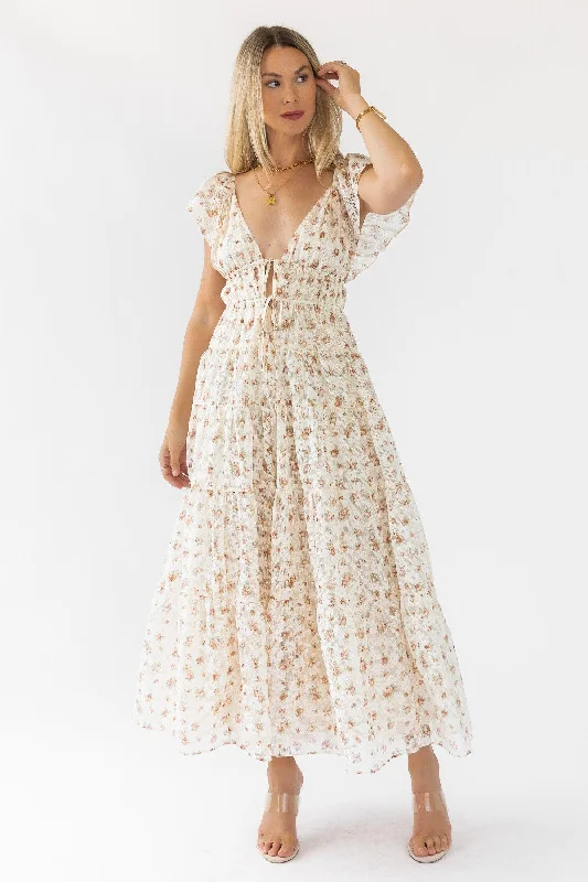 Dressing Tips Jesslyn Cream Peach Floral Maxi Dress