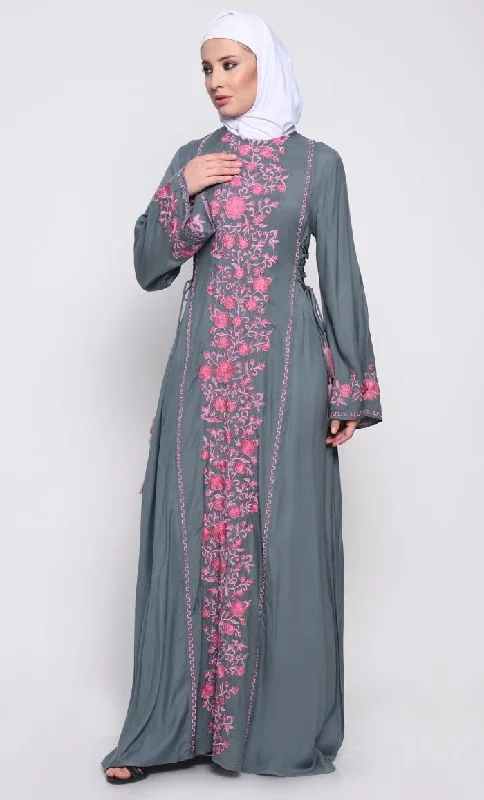 American Style Elegant Rayon A-Line Abaya with Contrast Floral Embroidery and Side Tie Details