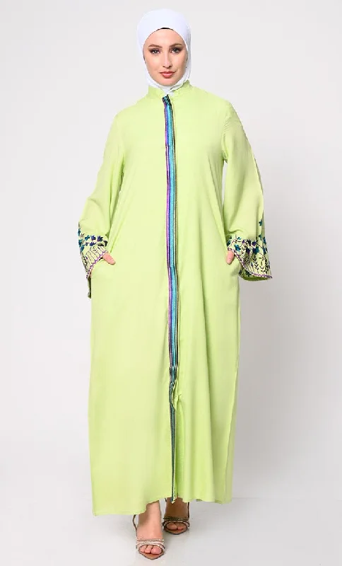 Classic Retro Sophisticated Hidden Placket Pista Green Abaya with Silk Embroidery