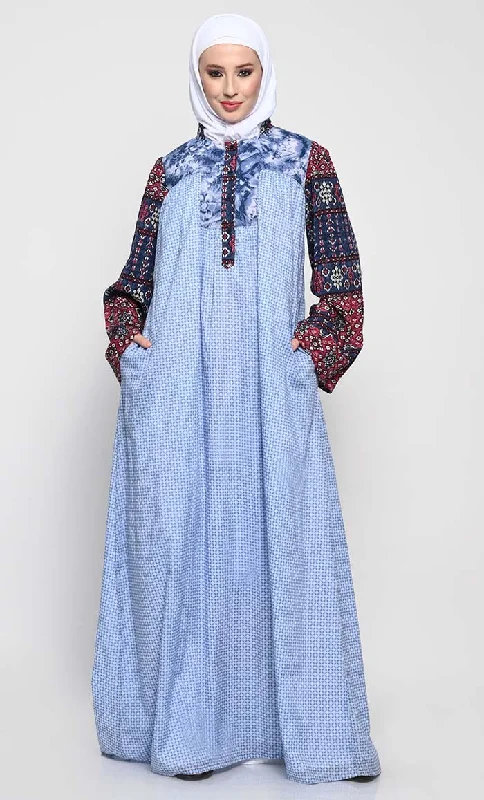 Trendy Looks Stylish Cotton Abaya with Contrast Bell Sleeves and Crepe Lining