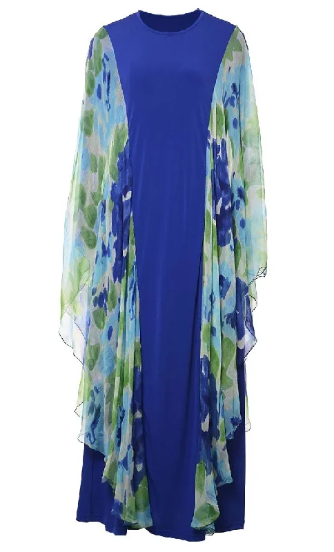 Trendy Wear Soft And Comfortable Thl Blue Abaya With Printed Chiffon Bat Wings Detailing