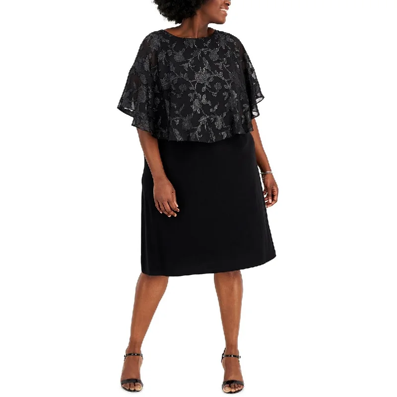 Loose Fit Connected Apparel Womens Plus Embroidered Cape-Overlay Cocktail and Party Dress Loose Fit Connected Apparel Womens Plus Embroidered Cape-Overlay Cocktail and Party Dress