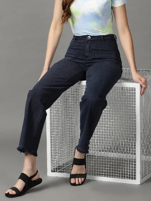 Free And Comfortable Women's Navy Blue Solid Wide Leg Denim Jeans