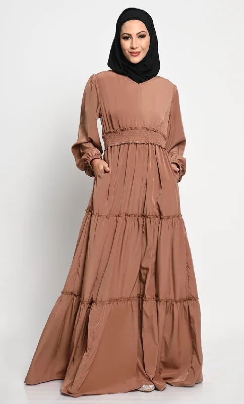 Lounge Chic Korean Crepe Layered Abaya with Frill Detailing and Bishop Sleeves