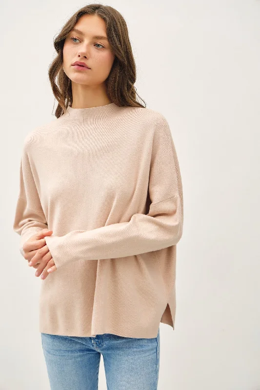 Denim Design Beige Relaxed Fit Mock Neck Sweater