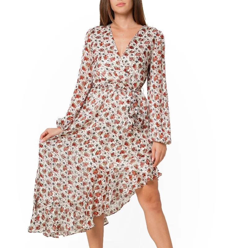 Goddess Style Women's Floral Asymmetrical Ruffle Hem Wrap Dress In Victoria Garden