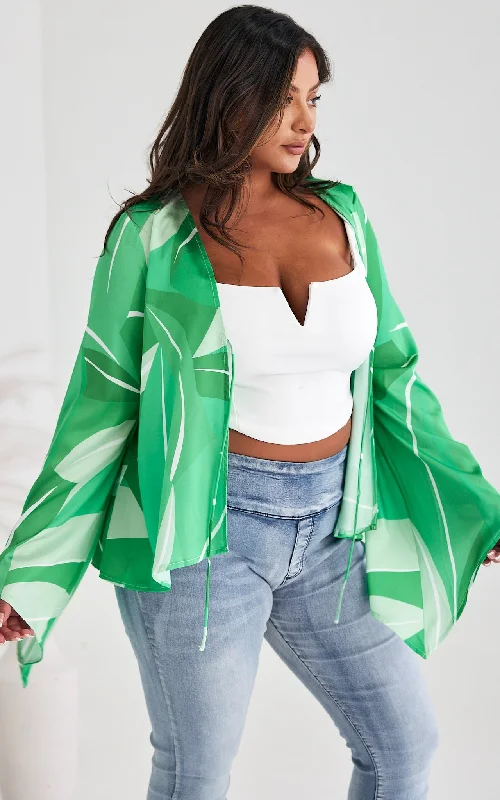 Urban Sense Swinton Tie Front Top - Green Print