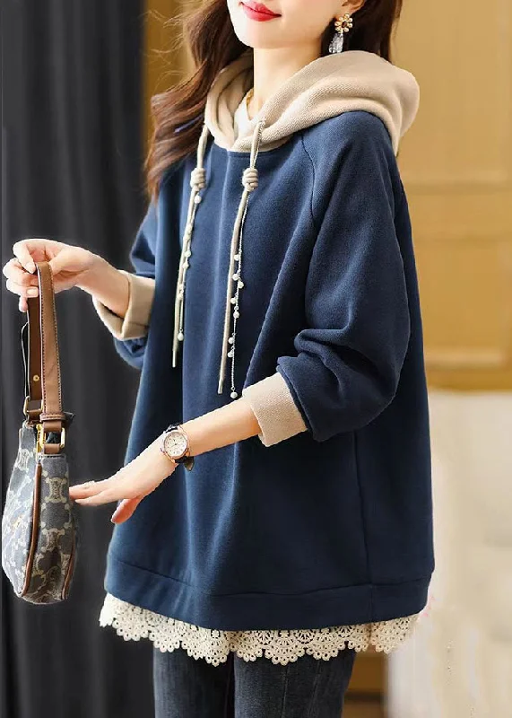 Basic Version Casual Navy Blue Drawstring Lace Patchwork Fleece Hoodie Sweatshirt Fall
