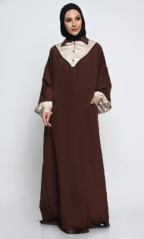 Design sense Kashibo Abaya with Batwing Sleeves and Contrast Satin Cuffs