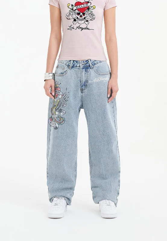 Youthful Street Fashion Womens Nyc Diamante Relaxed Denim Trousers Jeans - Bleach