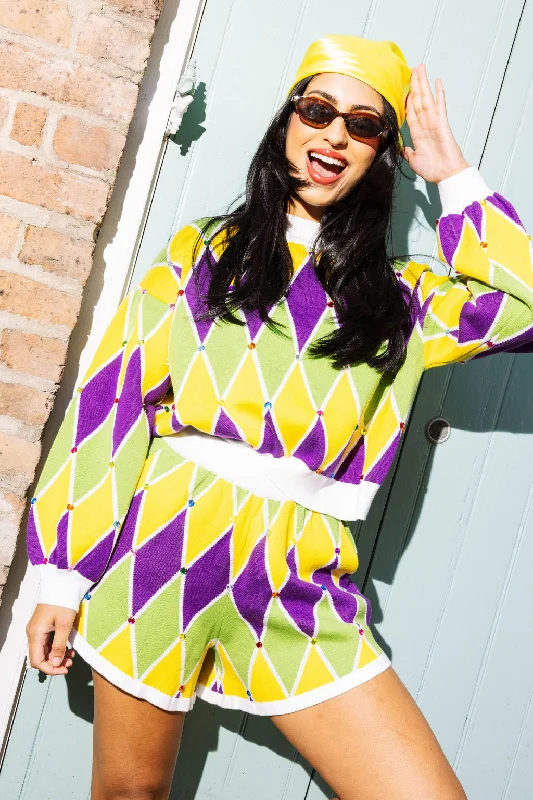 Unique Design Multi Mardi Gras Diamond Pattern Shorts