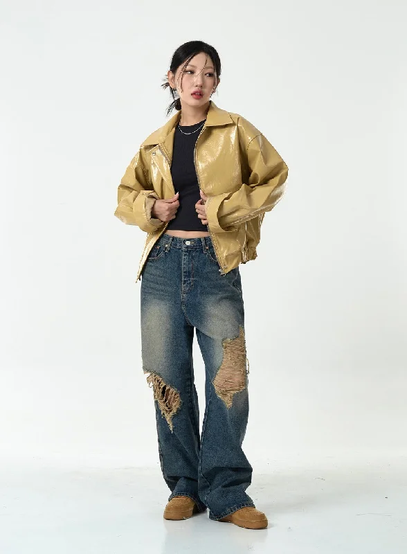 Luxury and fashionable Ripped Wide Denim Pants CG10