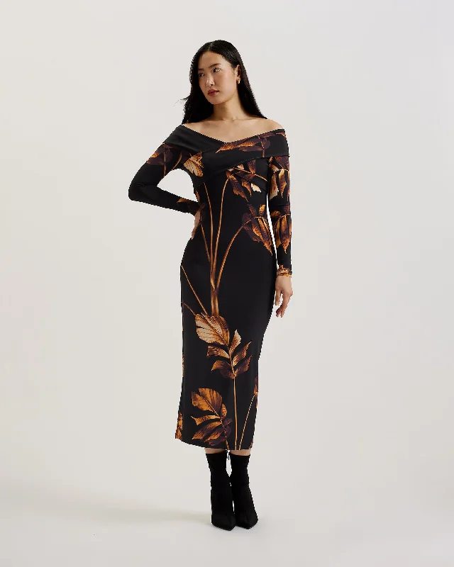 Girl Style Josefen Bardot Slinky Jersey Bodycon Midi Dress Black
