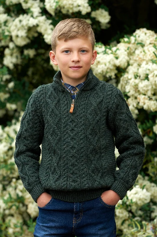 Fashion Comfort Boys Half Zip Aran Sweater-Green