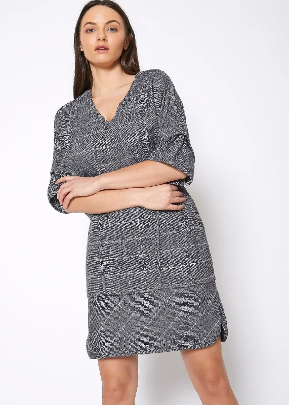 Personalized Design V-Neck Brushed Cotton Check Dress In Grey Plaid