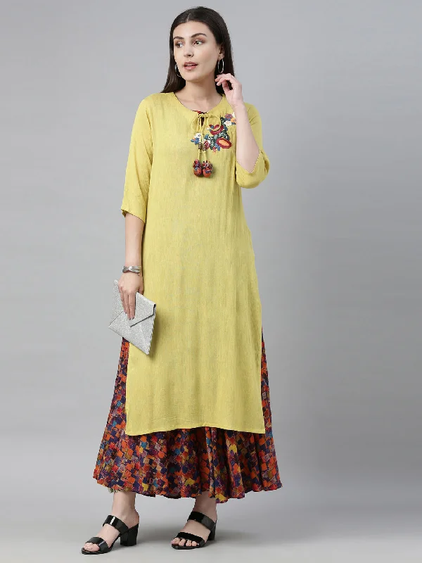Elegant Design Neeru's Lime Yellow Embroidered Straight Kurta