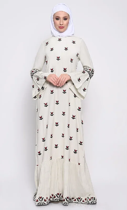Advanced Design Chic Embroidered A-Line Abaya with Flounce Sleeves and Frilled Hem