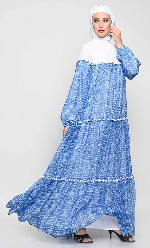 Editorial Design Graceful Chiffon Printed Abaya with Pom Pom Lace and Inner Lining