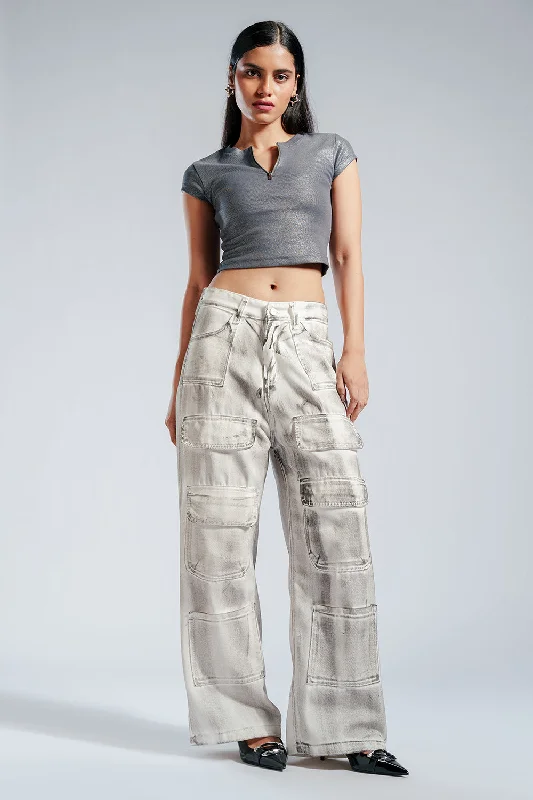 Sports Series Rustic White Multi Pocket Cargo Jeans