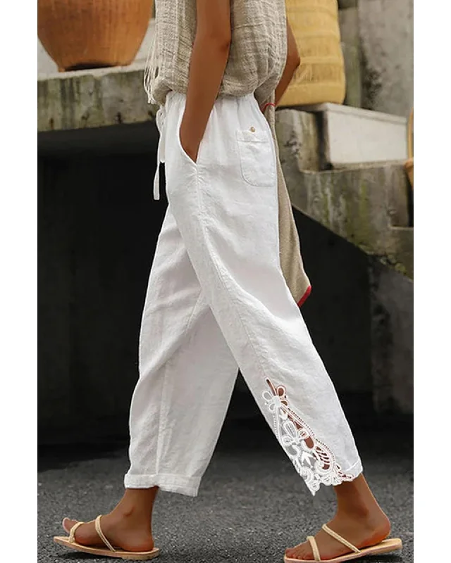 Minimal Comfort Azura Exchange Lace Splicing Drawstring Casual Cotton Pants - L