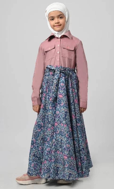 Classic Style Formal Pink Chambrey Girl'S Modest Muslim Printed Abaya