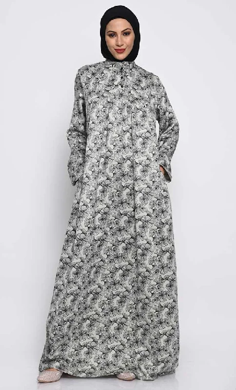 Cozy Look Moss Crepe Printed Abaya with Mandarin Collar