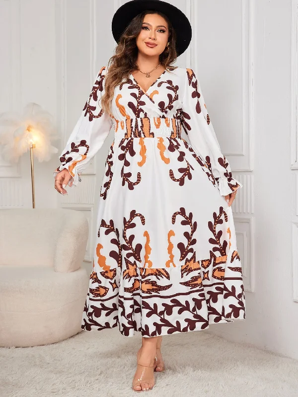 Wearable At Home Or Out Plus Size Printed Surplice Flounce Sleeve Dress