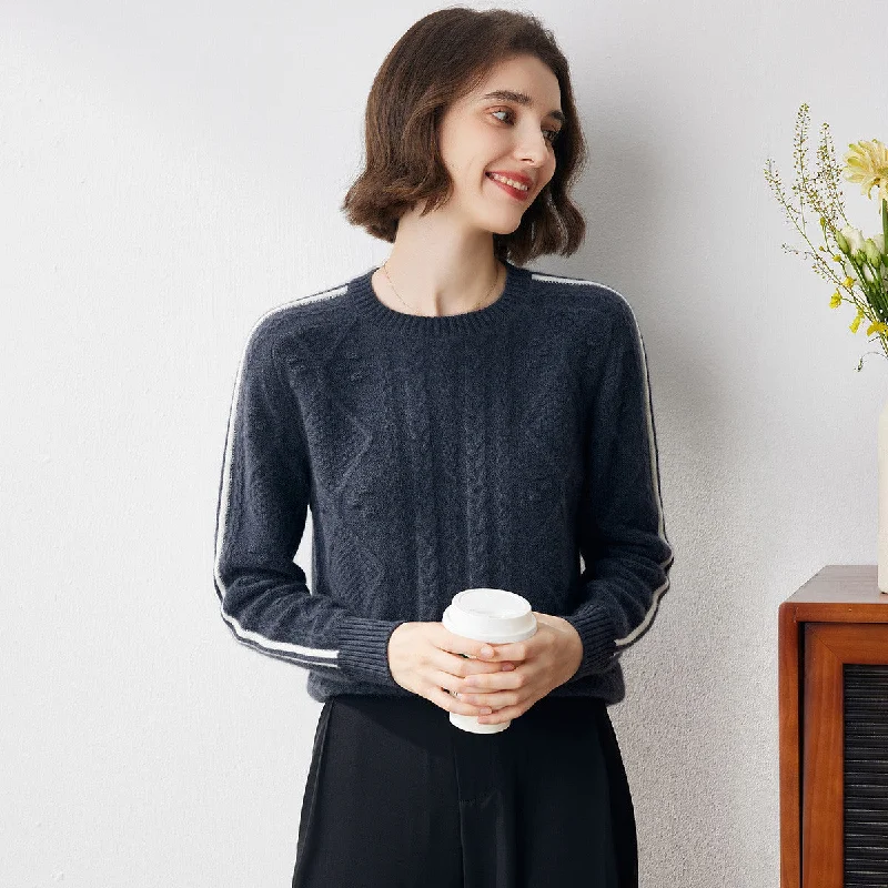 Warm And Comfortable 100% Cashmere Crew Neck Intarsia Knitted Sweater