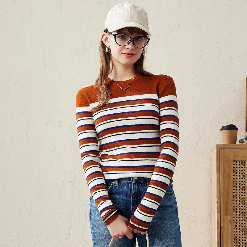 Classic Style 100% Wool Striped Crew Neck Sweater