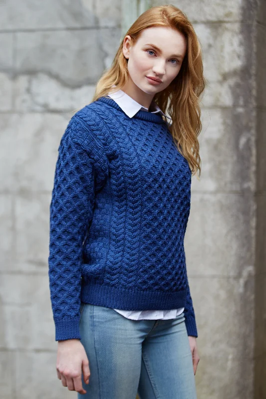 Fashionable and casual Traditional Women's Aran Sweater Super Soft-Blue