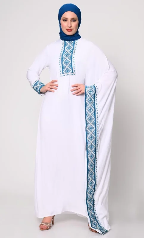 Knitted Design Graceful Machine Embroidered White Kaftan Abaya with Pockets