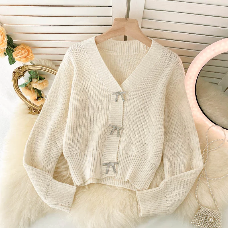 Bottom And Versatile Lovely bow-knot long-sleeved cardigan sweater  137