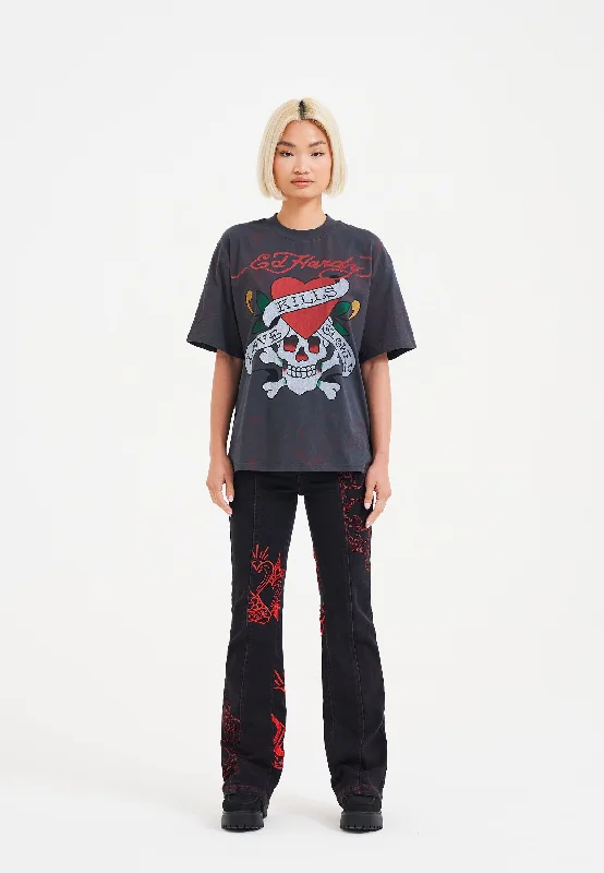 Embroidered Letters Womens Rouge Hearts Flared Denim Trousers Jeans - Black