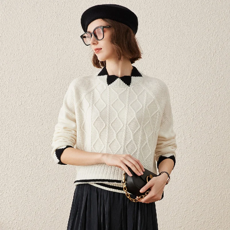 Noble And Elegant 100% Cashmere Contrast Jacquard Mock Neck Sweater
