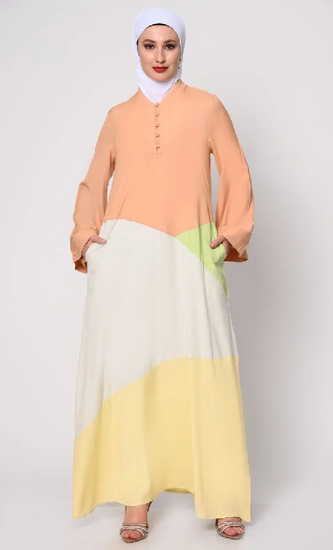 High-end Design Contemporary Elegance: Abaya with Pastel Color-Blocking Panels and Practical Pockets High-end Design Contemporary Elegance: Abaya with Pastel Color-Blocking Panels and Practical Pockets