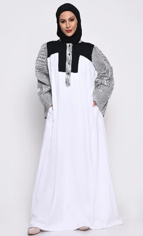 Retro Skirt Design Elegant Rayon Fabric A-Line Abaya with Contrast Bell Sleeves and Inner Lining Retro Skirt Design Elegant Rayon Fabric A-Line Abaya with Contrast Bell Sleeves and Inner Lining