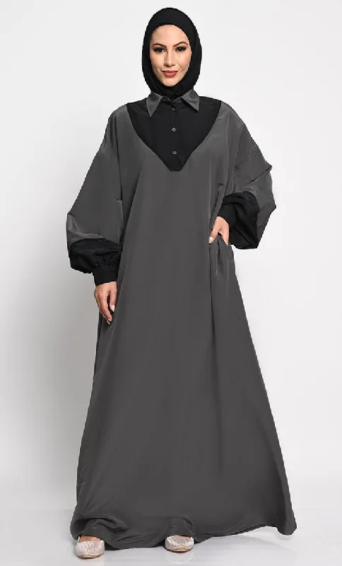 Fun and cute Kashibo Abaya with Batwing Sleeves and Contrast Satin Cuffs