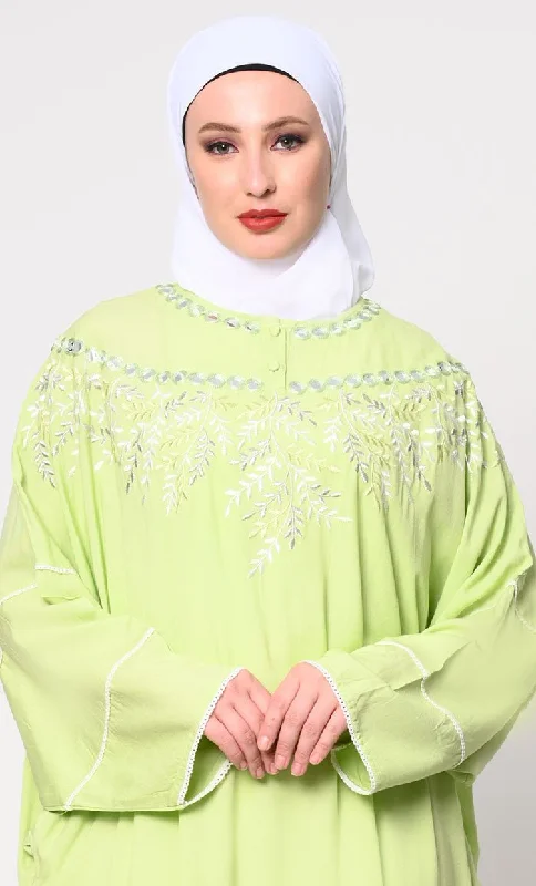 New Autumn And Winter Styles Royal Elegance: Women's Pista Green Kaftan with Embroidery and Foil Mirror Work New Autumn And Winter Styles Royal Elegance: Women's Pista Green Kaftan with Embroidery and Foil Mirror Work