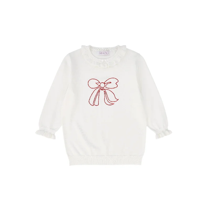 Fashion And Simplicity PAPILLON WHITE/RED BOW RUFFLE TRIM SWEATER