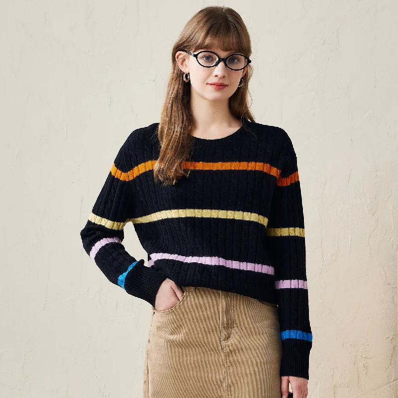 Modern Comfort 100% Wool Colorful Striped Cable Knit Sweater