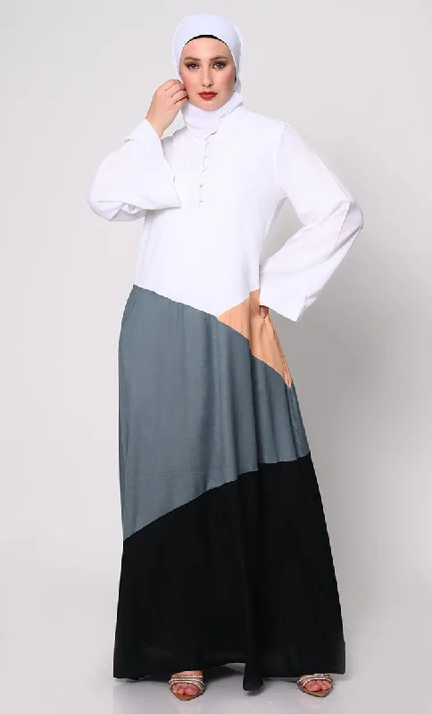 Unique Design Contemporary Elegance: Abaya with  Neutral Color-Blocking Panels and Practical Pockets