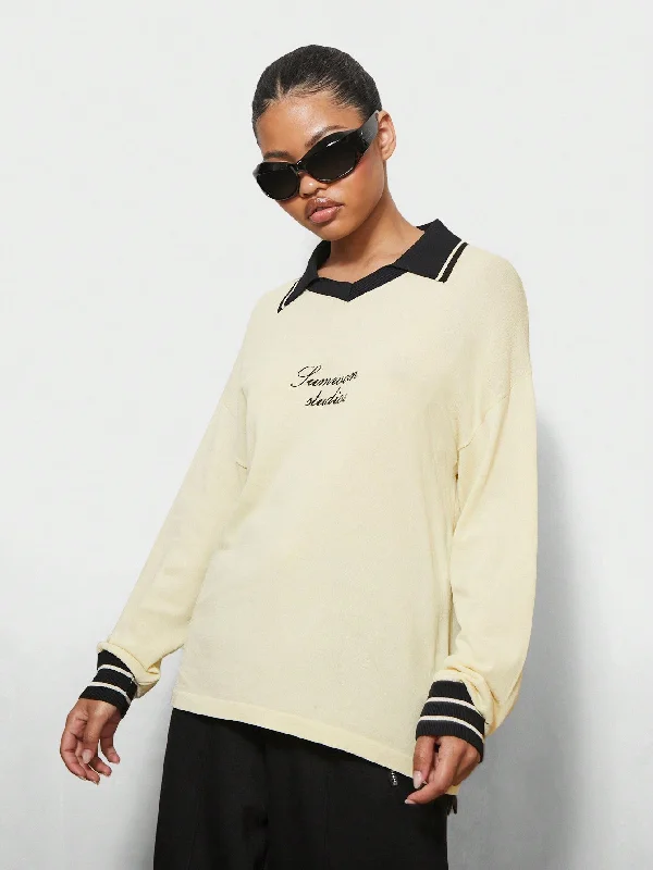 Sports fitness shoes SUMWON WOMEN Oversized Fit Football Knit Contrast Collar And Stripe Cuffs Sweater With Embroidery