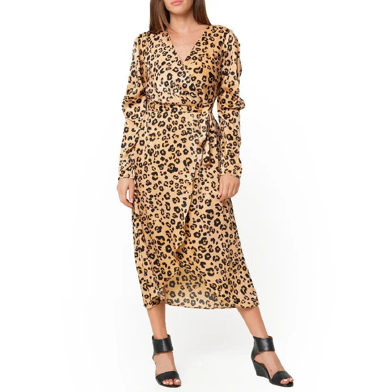 High waist design Women's Print Puffy Shoulder Dress in Brown Leopard