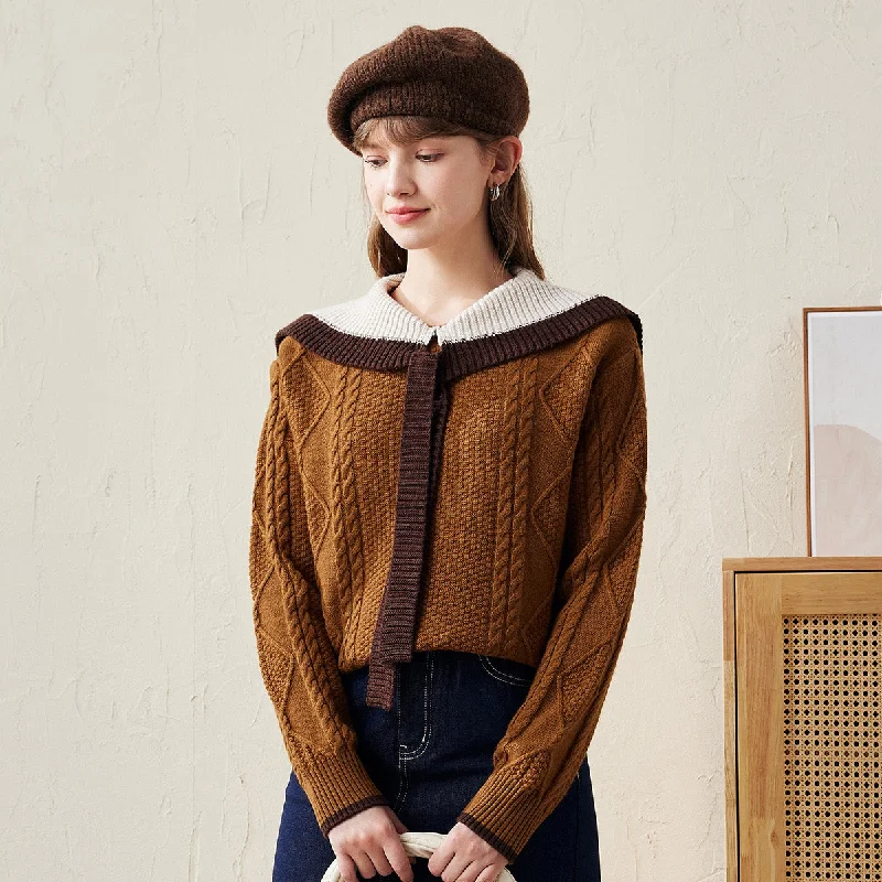 High-end Sense 100% Wool Elegant Cable Knit Sweater with Bow Collar