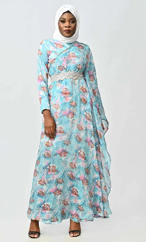 Lace Design Graceful One Side Flared Printed Georgette Abaya With Embroidered Belt
