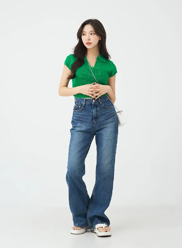 High waist design Vintage Washing Semi Wide Denim Pants BG09